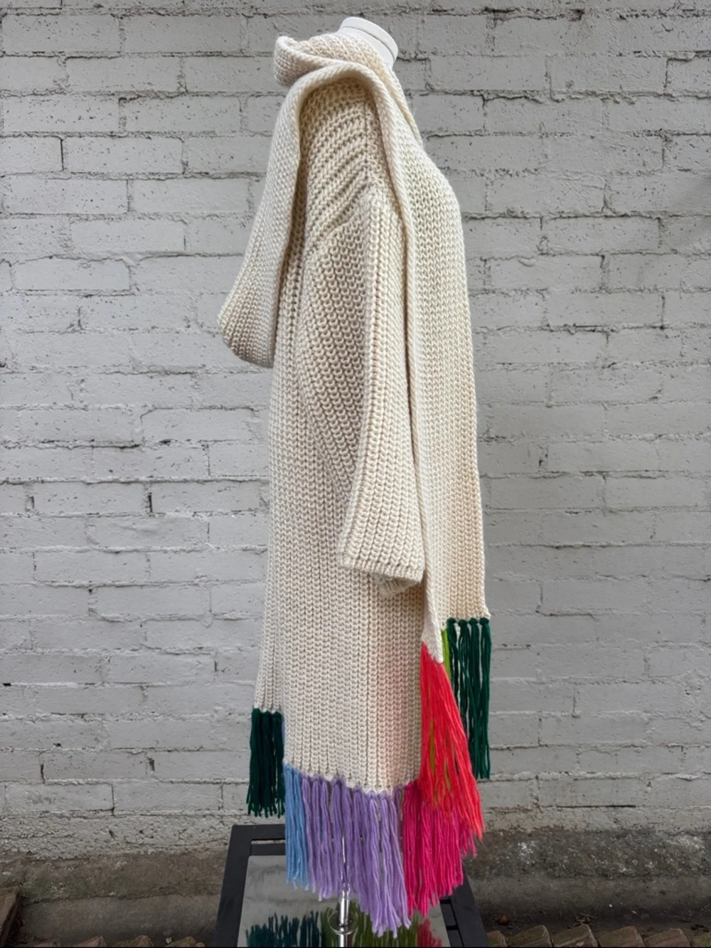 By Anthropologie Long Cardigan + Scarf Set Ivory Rainbow Fringe One Size